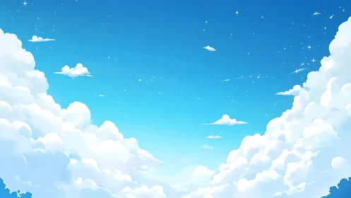 Digital sky illustration with layered cumulus cloud architecture.