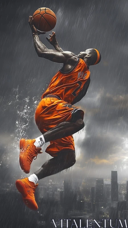Basketball player soars through storm over neon city skyline.