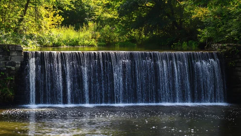 Tranquil forest waterfall with stone dam in vibrant sunlight.