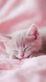 Sleeping Kitten in Soft Pink Bedding.