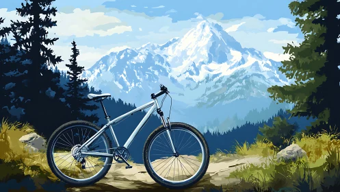 Mountain Cycling Journey: Hybrid Bicycle Framed Against Alpine Peak
