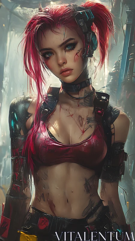 Cyberpunk street sexy teen girl fighter stands amid neon-soaked ruins. ideal boobs.