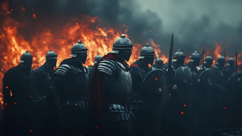 Armored legion advancing before a blazing battlefield wall.
