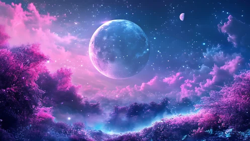 Lunar parallax above magenta bioluminescent forest canopy.