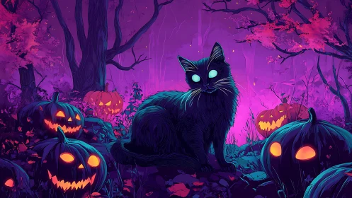 Luminescent Feline Herald Amid Glowing Pumpkin Patch.