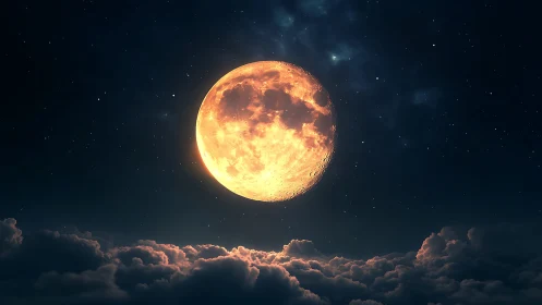 Luminous full moon rendered above volumetric night clouds in space