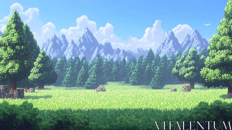 Sunlit pixel meadow before distant crystalline peaks.