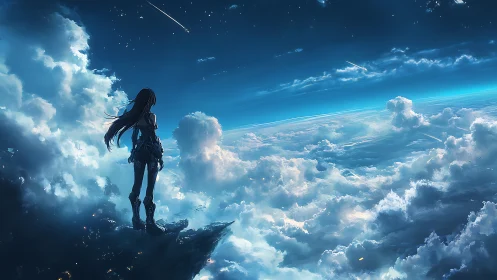 Stargazing sky ranger on cloud-split world horizon.