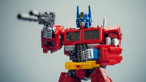 Block-built battle robot posed with raised blaster weapon.