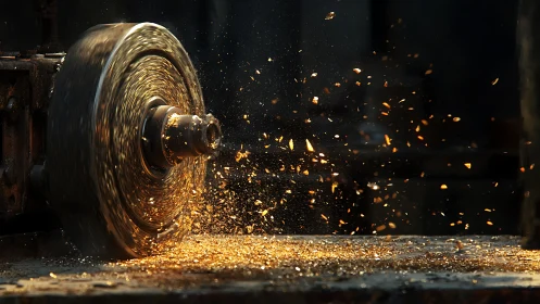 Golden sparks dance around a spinning industrial grinder.