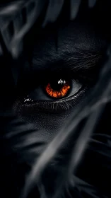 Infrared-ember iris framed by high-contrast foliage shadows.