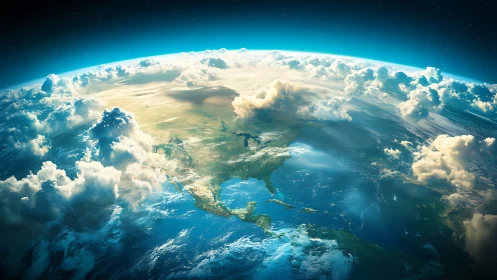 Gentle blue planet wrapped in glowing clouds and sunlight.