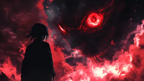 Silhouetted figure confronts colossal demonic face in crimson sky