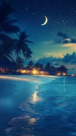 Moonlit tropical beach glows under clear starry night sky