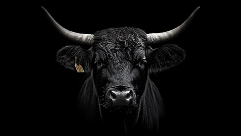 Black bull portrait with sweeping horns on dark field.