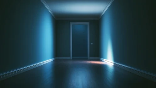 Moody hallway glows with cool blue light and subtle shadows.