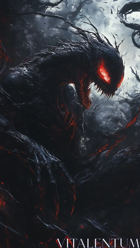 Ember-eyed shadow titan coils through a storm of living ash