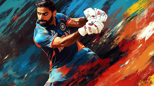 Cricket batsman drives ball through vivid abstract streaks