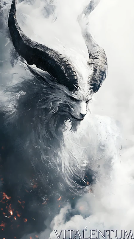 Horned white beast emerges from swirling smoke and ash