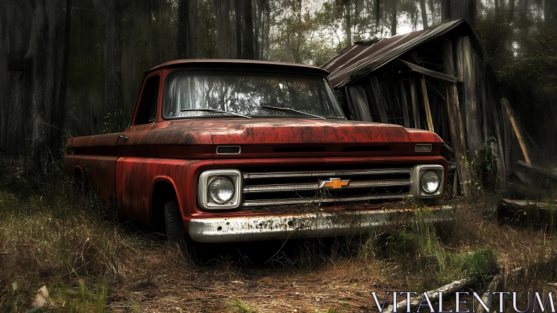 Weathered red pickup resting beside decaying wooden shed.