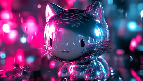 Chromed glass cat figurine under neon bokeh with reflective caustics