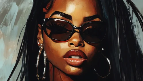Digital portrait of woman with sunglasses and hoop earrings.