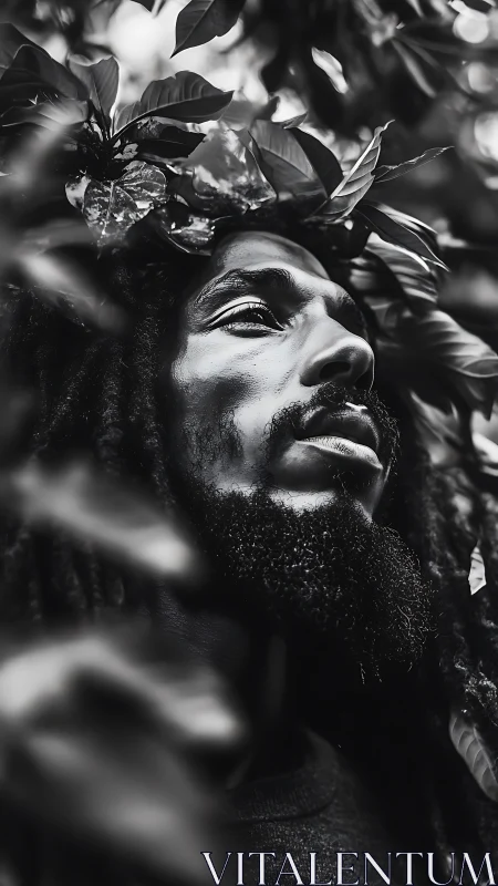 Forest-crowned dreamer gazes skyward in silver monochrome.