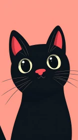 Black Cat with Luminous Eyes Rendered in Flat Vector Style Against Coral Background