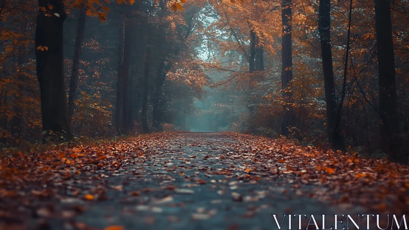 Mystical Forest Path Through Autumn's Embrace.