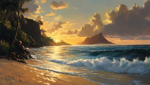 Tropical Beach Sunset with Island Peak and Palms.