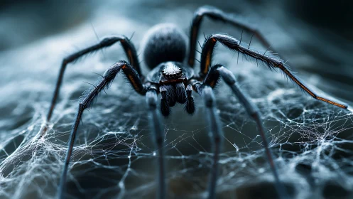 Spider occupies intricate web structure in detailed close-up