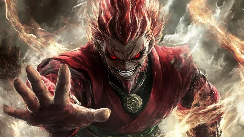 Red-eyed humanoid advances with outstretched hand amid fire