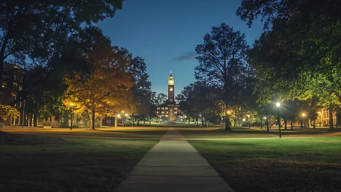 University quad at dusk with clock tower and lit pathways.