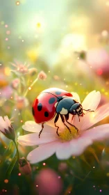 Ladybug close-up on soft pink flower in glowing garden.