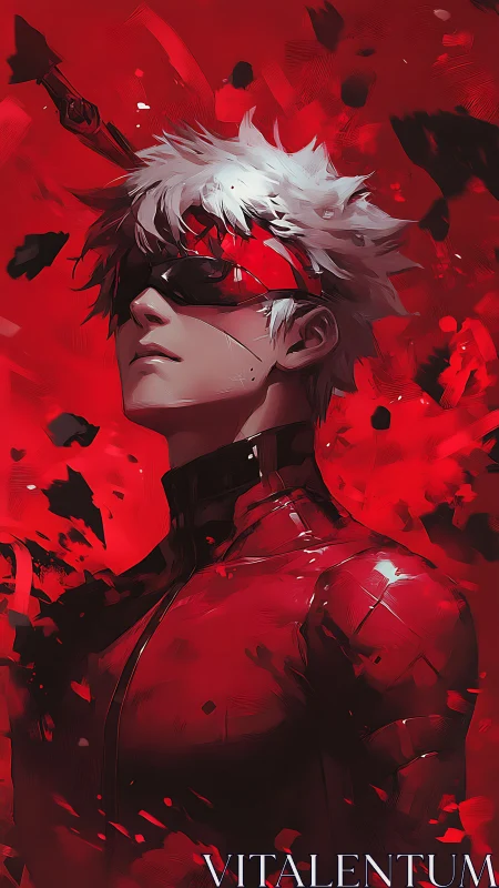 Digital painting portrait of masked cyber-hero in scarlet field.