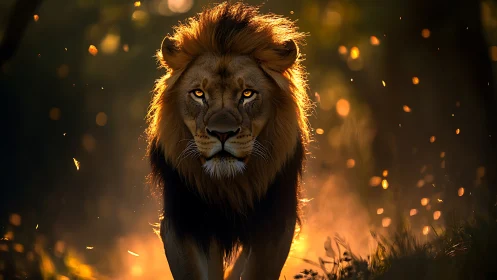 Photorealistic lion portrait in cinematic backlit stride.