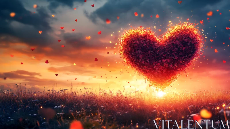 Large luminescent heart form floating above field landscape at sunset