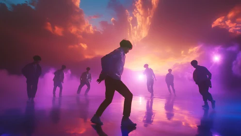 Silhouetted dancers move through neon clouds at sunset