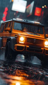 Orange SUV driving through wet neon city street at night.