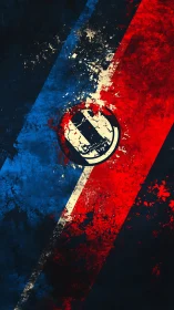 Grunge tricolor diagonal banner with circular emblem mark.