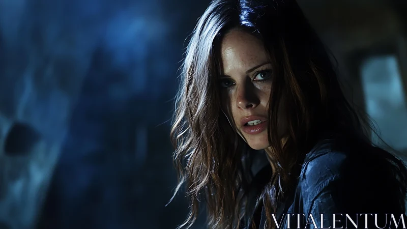 Wary woman stands in blue-lit ruins, eyes fixed in defiance