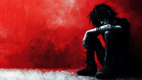 Brooding ink‑pale loner against a storm‑red silence wall.