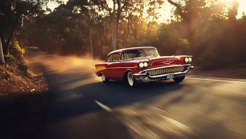 Sunlit classic Chevrolet powers along a winding forest road