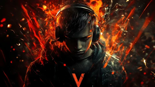 Intense gamer in headphones surrounded by fiery energy.