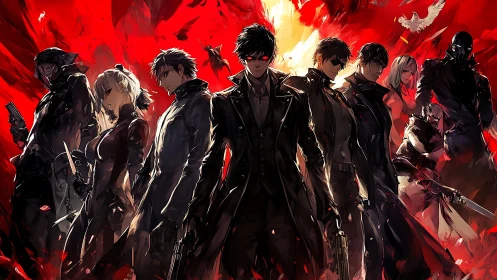 Group of armed anime fighters stands against red explosion