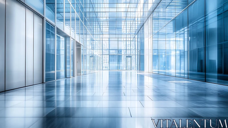 Modern glass office corridor with reflective blue interior.