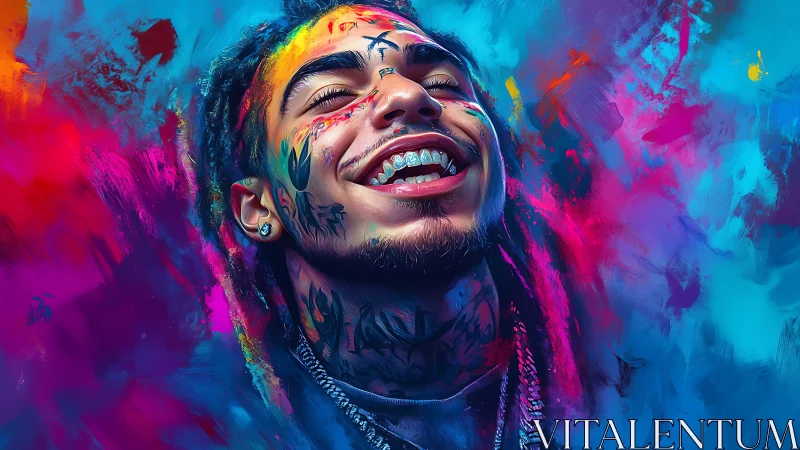 Vibrant tattooed portrait bathed in neon color bursts.