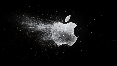 Shattered metallic apple logo scatters into digital dust.