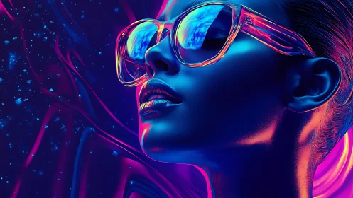 Neon-lit portrait with iridescent glasses and cosmic glow.