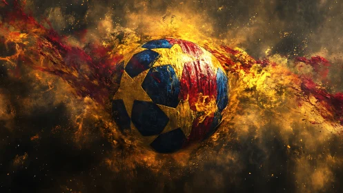 Fiery galaxy soccer ball streaks through molten stardust